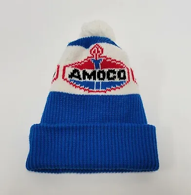 Vintage Amoco Oil Beanie Stocking Cap Pom Pom Winter Red White And Blue Logo • $24.95