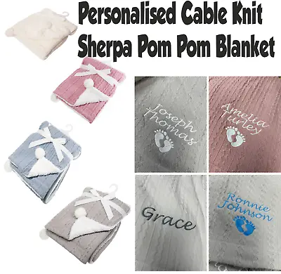 Personalised Embroidered Cable Knit Sherpa Pink Blue Grey Warm Blanket Baby Gift • £14.99