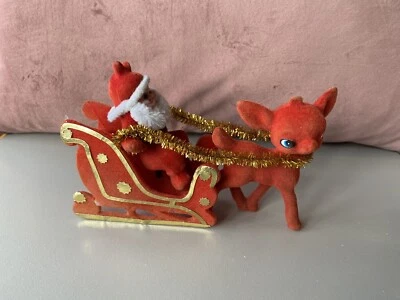 Vintage Christmas Decoration - Santa Sleigh And Reindeer - Red Flocked  • £5.50