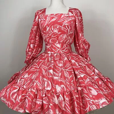 Square Dance Dress Flowy Floral Salmon White 3/4 Sleeve Self Tie Sash Belt Tie  • $99