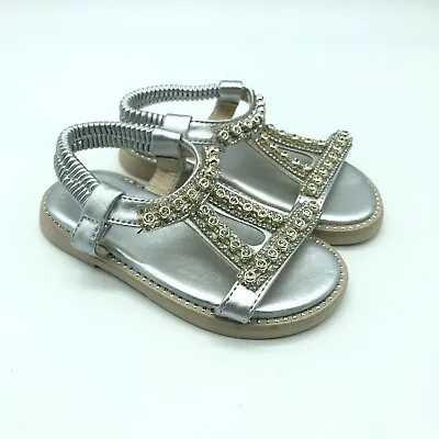 $7.99 • Buy Toddler Girls Sandals Faux Leather Rhinestones Metallic Silver Size 23 US 7