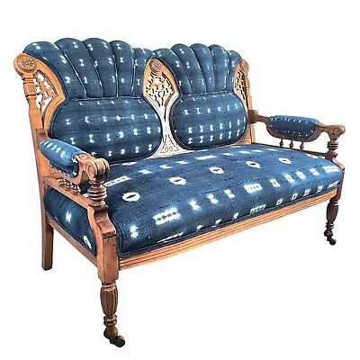 Victorian Settee Tufted Indigo Blue Ikat Carved Aesthetic Eastlake Mid 19th C • $2100