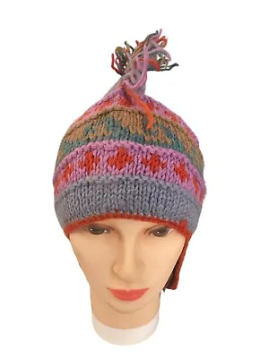 100% Wool Mohawk Hand Knitted Hat Fleece Lined Hair Hold 1 Sz Fits Nepal New • $14.39