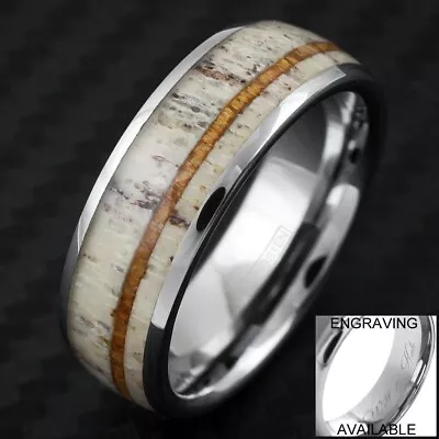 Engraved 8mm Tungsten Men's Deer Antler Hawaiian Koa Wood Wedding Band Ring  • $23.99