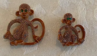 Vintage Gerry's Monkey Brooches Mama And Baby Green Eyed Monkeys • $7.25