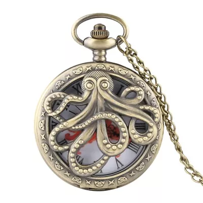 Mens Quartz Pocket Watch Octopus Hollow Half Hunter Steampunk  Necklace Chain • $4.64