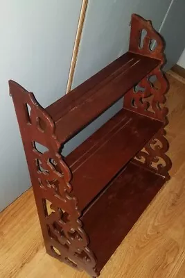 VTG Highly ORNATE Large 3-Tier VICTORIAN Style Cherry Wood Wall Display Shelf! • $45