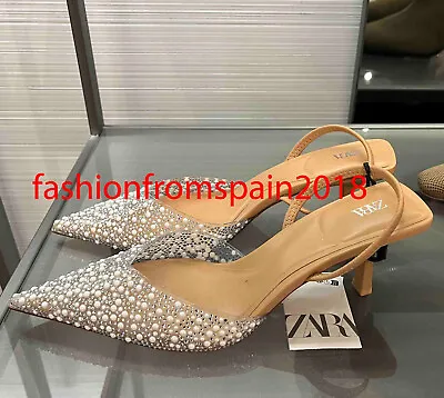 Zara New Woman High-heel Slingback Shoes With Faux Pearls Beige 35-42 2815/110 • $79.99