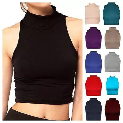 Womens Ladies Sleeveless Polo Turtle Neck Stretch Crop Vest Top Tshirt Cropped • £2.99