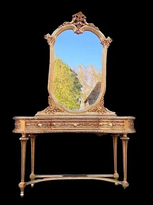 Vintage Elegance 1950's French Louis XVI Vanity & Mirror Set In Gold Beech-2-Pcs • $2400