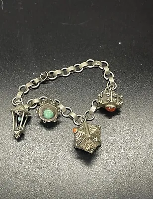 Antique 800 Silver Etruscan Stone Charm Bracelet Turquoise Coral Carnelian • $140