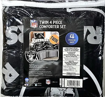 Raiders NFL Twin 4 Piece Comforter Set Fitted Flat And Pillowcase Black White • $64.99