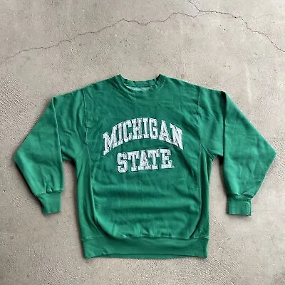 Vintage Michigan State Sweatshirt Mens Medium Green Pullover Crew Neck Football • $17.94