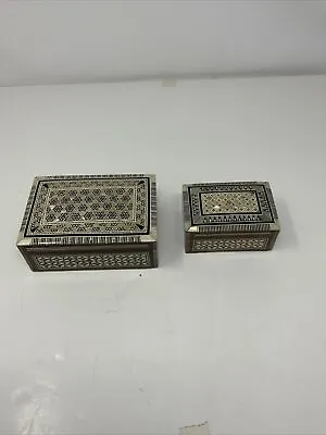 Vintage Handcrafted Jewelry Box Mother Of Pearl Inlay Cairo Egypt Set Of 2 • $40