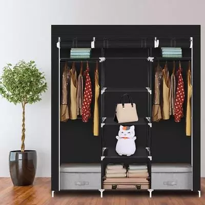 Fabric Wardrobe 5-Tier 9 Grid Clothes Storage Closet Cupboard +2 Hanging Rails • £18.89