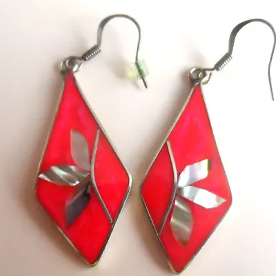 Vintage Earrings - PIERCED MEXICO SILVER ABALONE INLAY ON RED ENAMEL • $9.99
