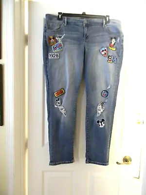 Disney Mickey Mouse Patch Jeans Wmn . Sz. 18R Stretch Distressed/Destroyed Denim • $35
