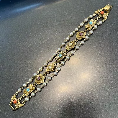 Vintage 3-strand Rhinestone Faux Pearl Bracelet 7.75” Gold Tone Si • $22