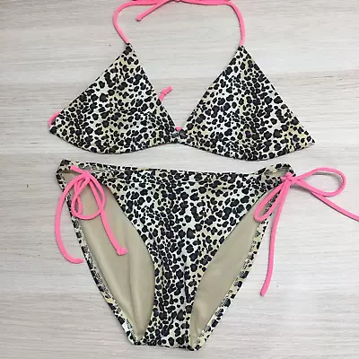 Victoria Secret String Bikini Set Womens Medium Leopard String Tie Triangle Top • $19.88