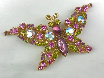 Gold Tonę Vintage Butterfly Pin Brooch Purple Green AB Stones • $19.99