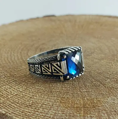 925 Sterling Silver Handmade Men's Ring With Square Shape Blue Sapphire Stone • $49