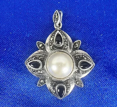 925 Sterling Black Onyx Marcasite & Pearl Pendant Art Deco Style SS409 • $25