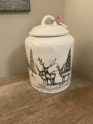 10 Strawberry Street Holiday Cookie Jar Canister White Ceramic Deer & Trees • $28.80