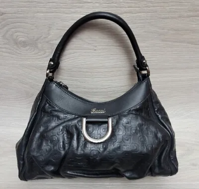 Authentic Gucci Black Horsebit Abbey D-Ring Leather Monogram Bag 265692 Hobo • $349