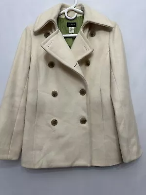 J Crew Womens Peacoat Ivory Double Breasted Lined 100% Wool Collar XS • $19