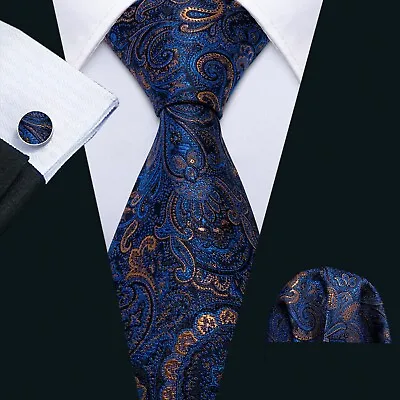 ITALIAN DESIGNER Cobalt Blue & Bronze Gold Paisley SILK TIE HANKY CUFFLINKS • £11.49