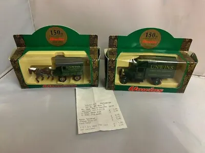 LLEDO 150th ANNIVERSARY UNWINS WINE MERCHANTS TRUCK & HORSE CART SET & RECEIPT. • $311.14