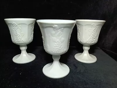 Westmorland Milk Glass Indiana Glass White Glass Goblet  Grapes 8oz 5.25 H Set 3 • $10.79