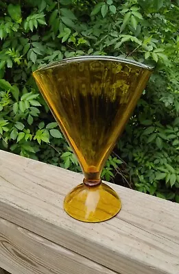 Vintage Art Deco Amber Glass Footed Fan Vase Handblown 8.25  Tall  • $15