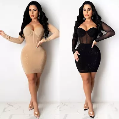 Women's Long Sleeve Rhinestone Mesh See-through Patchwork Nightclub Sheath Dress • $25.74