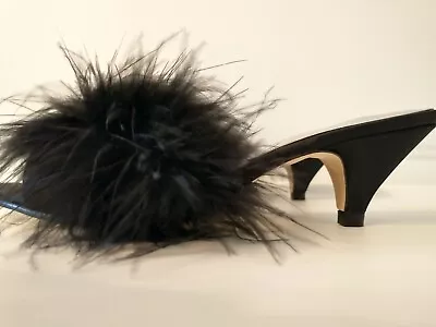 Jacques Levine Open Toe Black Marabou Mules Heels Slippers Sz Women's 5 • £95.55