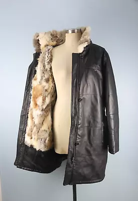 Women's Vintage Danier Rabbit Fur Lined Belted Leather Coat XL • $217.99