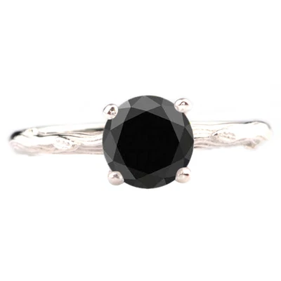 $244.99 • Buy 1.45Ct Round Shape Natural Jet Black Diamond Solitaire Ring In 14KT White Gold