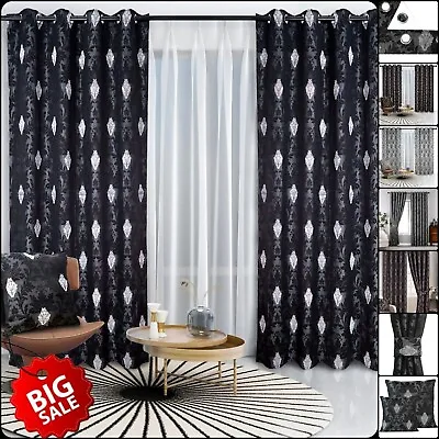 Luxury Jacquard Ready Made Thick Beautiful Bedroom Eyelet Ring-Top Pair Curtains • £11.06