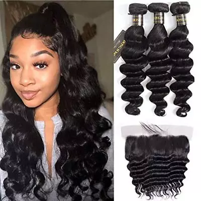 Peruvian Loose Deep Wave Frontal 16 18 20  With 14  Frontal 3 Bundles+ Frontal • $193.09