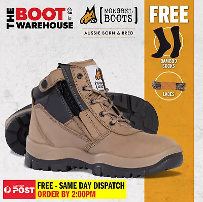 Mongrel 261060 Work Boots. Steel Toe Safety.  STONE Zip-Sider  PRESS STUD CLIP! • $162.95