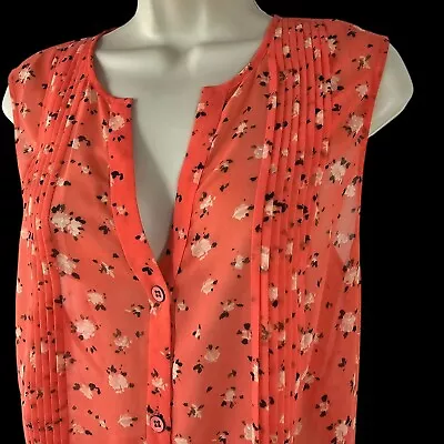 CAbi Sleeveless Sheer V Neck Blouse Top Lightweight Poly Pink Floral Womens L • $24.99