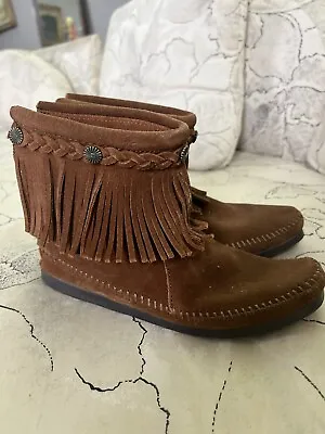 Minnetonka Moccasin Ankle Boots Suede Leather Fringe Metal Zip Up Womens 7.5 VTG • £12.05