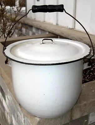 VINTAGE White & Black Enamel Enamelware Bucket Kitchen Slop Bucket W Wood Handle • $19.99