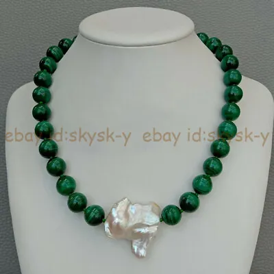 12mm Green Malachite Round Gems Beads White Keshi Baroque Pearl Necklace 18'' • $14.39