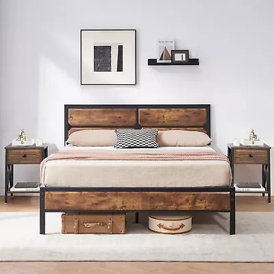 3-Piece Bedroom Set Wooden Headboard Metal Platform Bed Frame + 2 Nightstands • $226.99