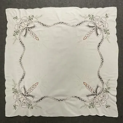 VTG Christmas Tablecloth Runner Embroidered Cut Outs Candles Holly Bells Square • $16.99