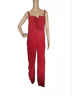 Vintage 70s Bell Bottom Red Cotton Tie Front Jumpsuit Utility Overalls • $164.50