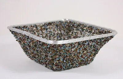 Woven Aluminum Glass Bead 11  Metal Vtg Mod Lg Heavy Industrial Catch All Basket • $39