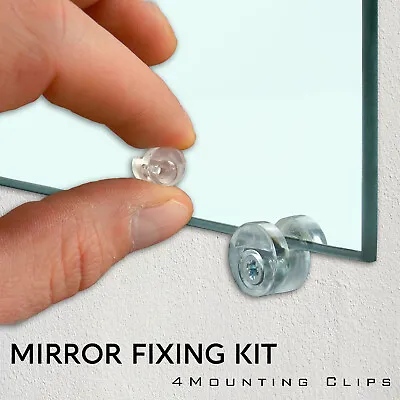 4 Mirror Wall Hanging Mounting Fixing Kit Frameless Plastic Mirror Wall Clips UK • £3.99