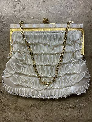 Vintage Beaded Evening Purse White Gold Chain Hong Kong • $17.99